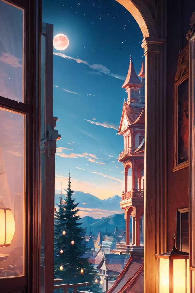 highest quality、big red moon、beautiful scenery、There is a mood、mysterious
