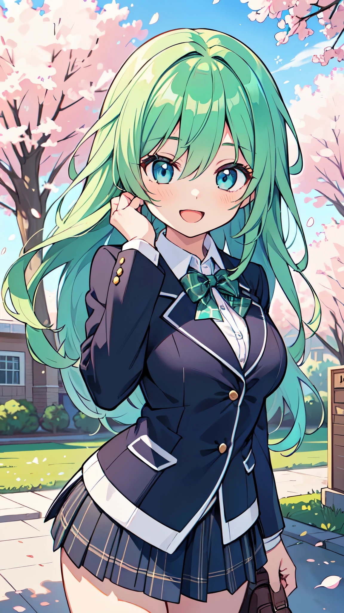 ((A Pretty High School girl with green hair and blue eyes)), ((wearing blazer uniform and plaid skirt)), Baby face, ((master piece, top-quality, ultra-definition, high resolution)), anime girl, ((ultra-detailed illust:1.2)), only one person, bangs, hair between eye, beautiful hair, Shiny eyes, Medium breasts, Big smile, opened mouth, cherry trees, schoolyard