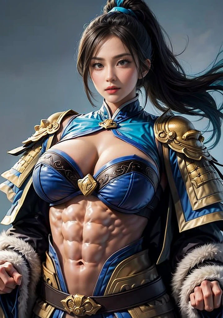 1 girl,upper body,lightcyan chinese armor,(((gigantic ,abs))),((ponytail))