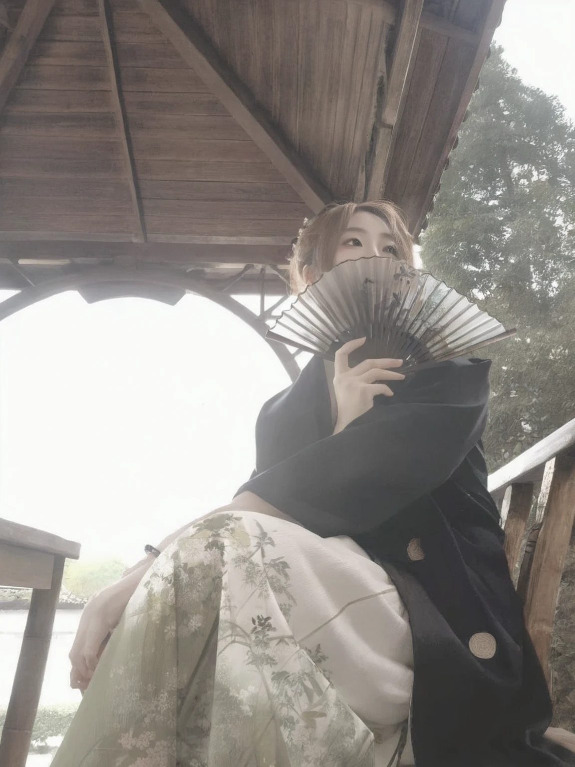 There is a woman sitting on the bench,holding a fan, , Chinese style, photo拍摄, Chinese style, Inspired by large bamboo leaves, Japanese style, nice images, Also intricate, Wearing a kimono, Shikami, hakama kimono, photo, Wearing a kimono, edo style, wearing a haori