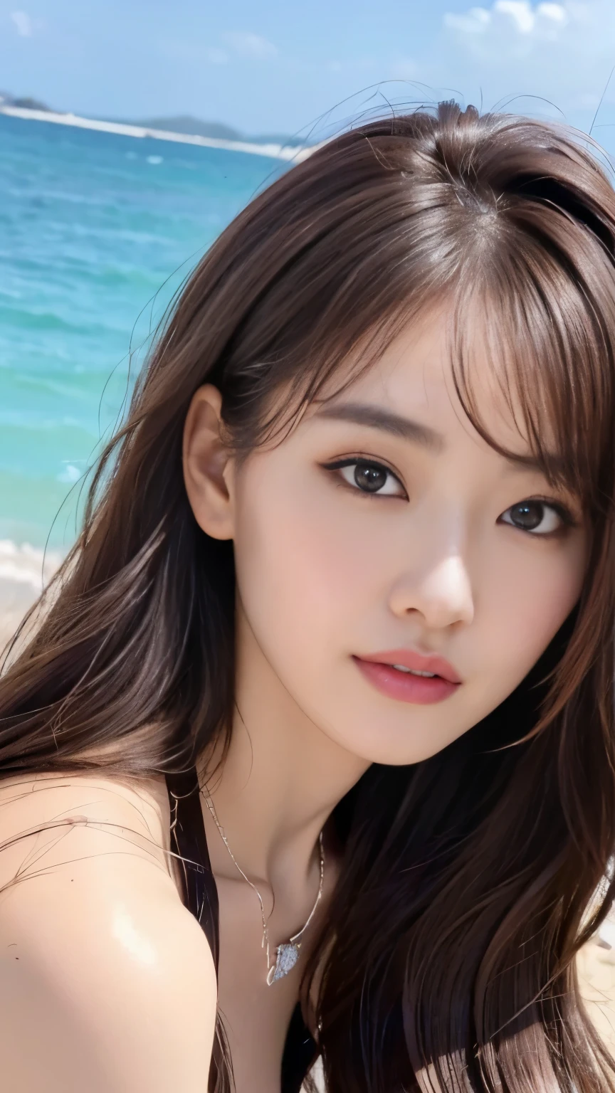 ((realライティング、highest quality、8K、masterpiece:1.3))、8K、clear focus:1.2、NSFW、（nude:1.5）、((real)) 、((real light、highest quality) )、model body shape:1.4、(dark brown hair、out:1.8)、dark brown eyes、long hair、resort、At Nangoku Hotel、(24-years-old:1.3)、super detailed face、fine eyes、double eyelid、necklace、put hair over one eye、high heels、eyeliner、comb your hair、Blue sea view、liberation、model pose、、(nsfw:1.2)
