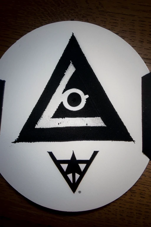 Round sticker of 5 * 5  with equal portions for 4 symbols(Illuminati, one eye, satanic cult and zionists) with black border and a black flag in between them on a pole