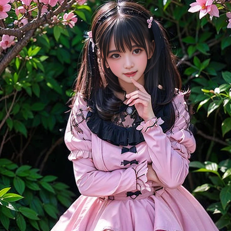 best quality, delicate face，blush， 1 girl, black hair, Long curly hair, blunt bangs, Smile, pink skirt, pink lolita dress, layered skirt, Lolita style long skirt，21 years old female，穿着pink lolita dress(dreamy atmosphere:1.1)、​Masterpiece、born、Scenes resembling fairy tale illustrations、huge breasts，hands on hips，Wide cuffs cover hands，whole body，in the garden，The background is the garden，Detailed background，Garden of dreams，background many flowers