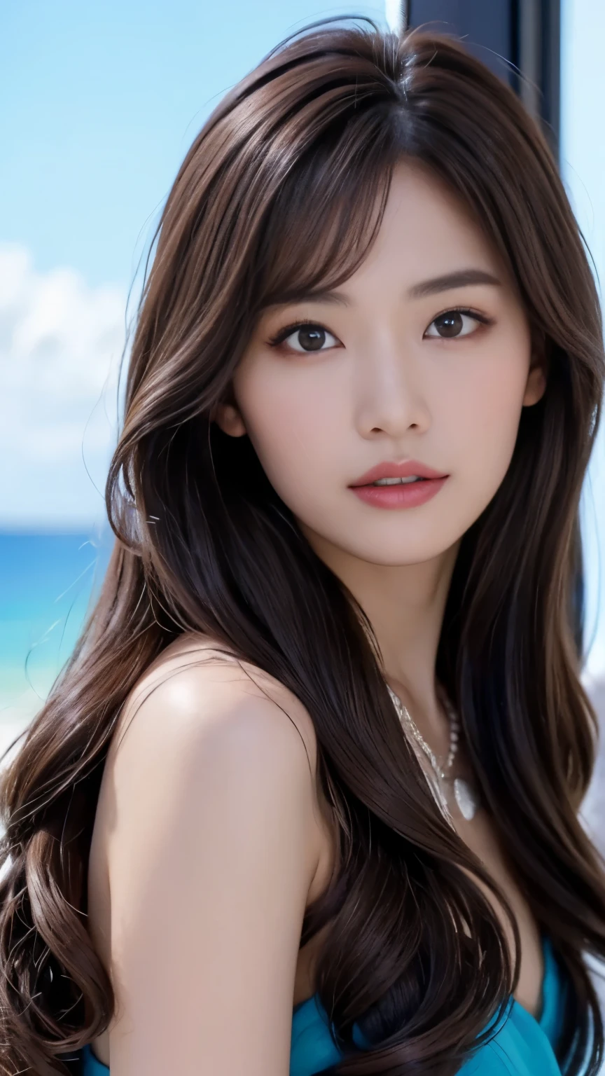 ((realライティング、highest quality、8K、masterpiece:1.3))、8K、clear focus:1.2、NSFW、(nude:1.5)、((real)) 、((real light、highest quality) )、model body shape:1.4、(dark brown hair、out:1.8)、dark brown eyes、long hair、resort、At Nangoku Hotel、(24-years-old:1.3)、super detailed face、fine eyes、double eyelid、necklace、put hair over one eye、high heels、eyeliner、comb your hair、Blue sea view、liberation、model pose、
