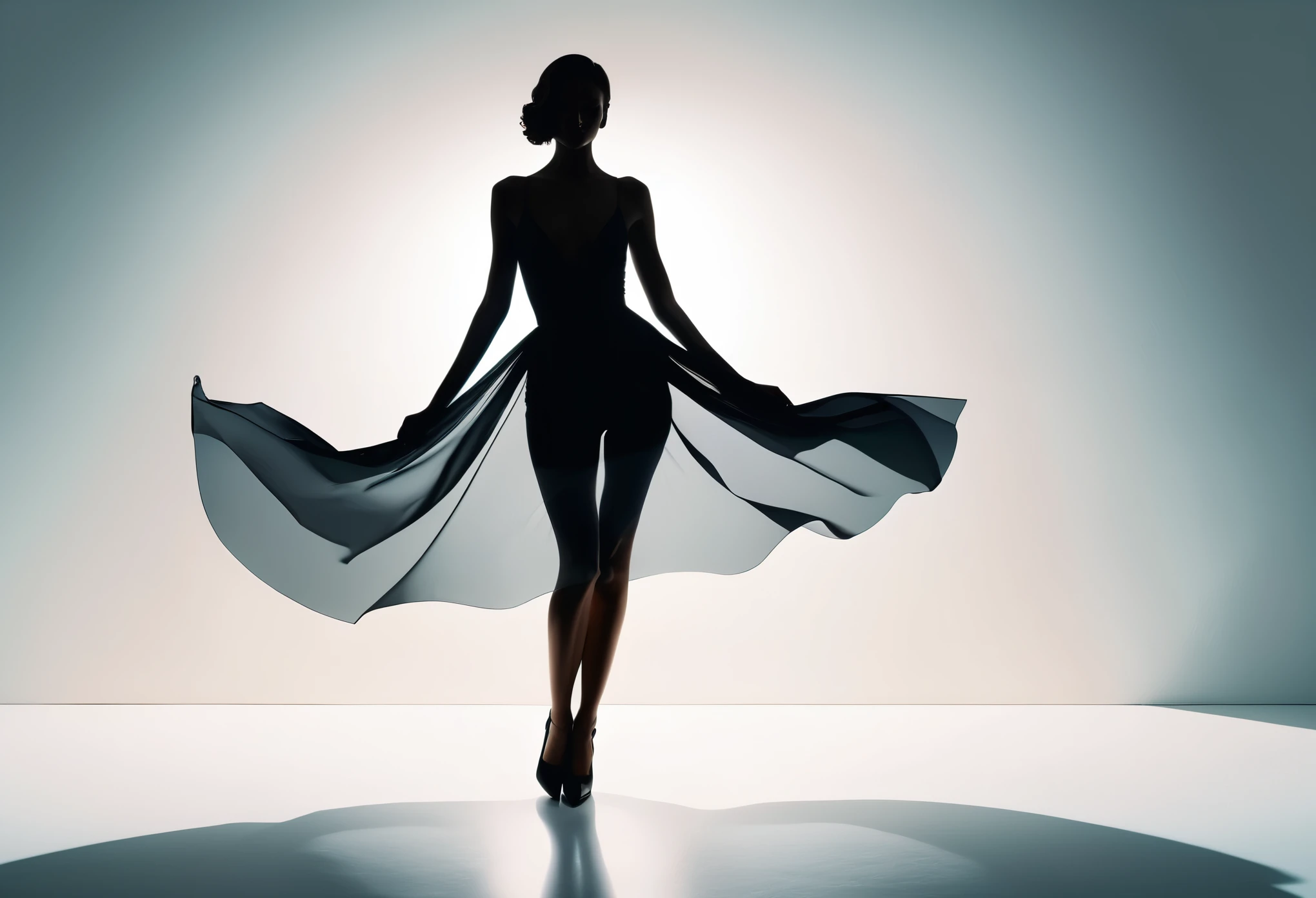 An elegantly contrasting fusion of minimalism and maximalism, this double exposure presents a full body silhouette outline of a stunning woman against a glowing shadow world. The image, likely a photograph, showcases the woman's graceful form against a crisp white background. The juxtaposition of light and dark creates a mesmerizing visual effect, highlighting both the simplicity of the silhouette and the intricate beauty of the shadow world. Every detail is impeccably rendered, elevating the image to a state of artistic excellence