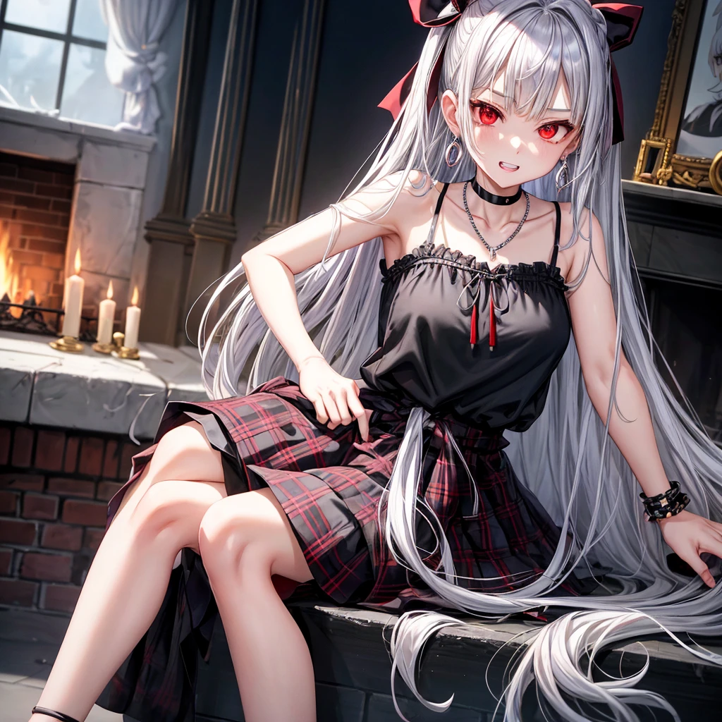 silver hair、red eyes、one good looking girl、solo、anime、plaid mini skirt、black camisole、black t-shirt、dress、wearing a ribbon、ribbon at waist、crystal earrings、jewelry necklace、Light and shadow、tilting one's face、teeth are visible、pillar、skylight、fireplace、evil looking face