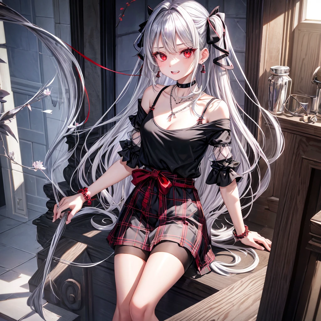 silver hair、red eyes、one good looking girl、solo、anime、plaid mini skirt、black camisole、black t-shirt、dress、wearing a ribbon、ribbon at waist、crystal earrings、jewelry necklace、Light and shadow、tilting one's face、teeth are visible、pillar、skylight、fireplace、evil looking face