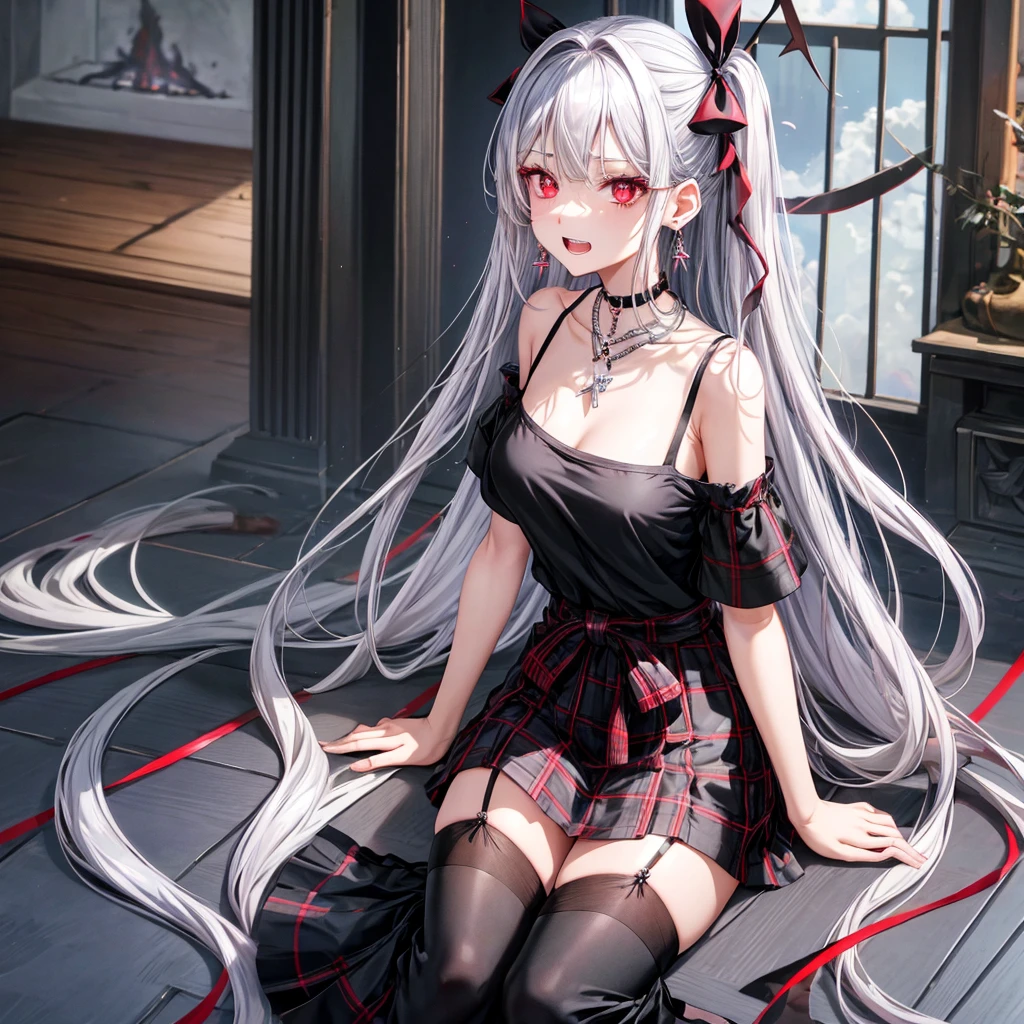 realistic, girl single, gray hair, red eyes, glowing eyes, parted lips, blush, off-shoulder, sitting