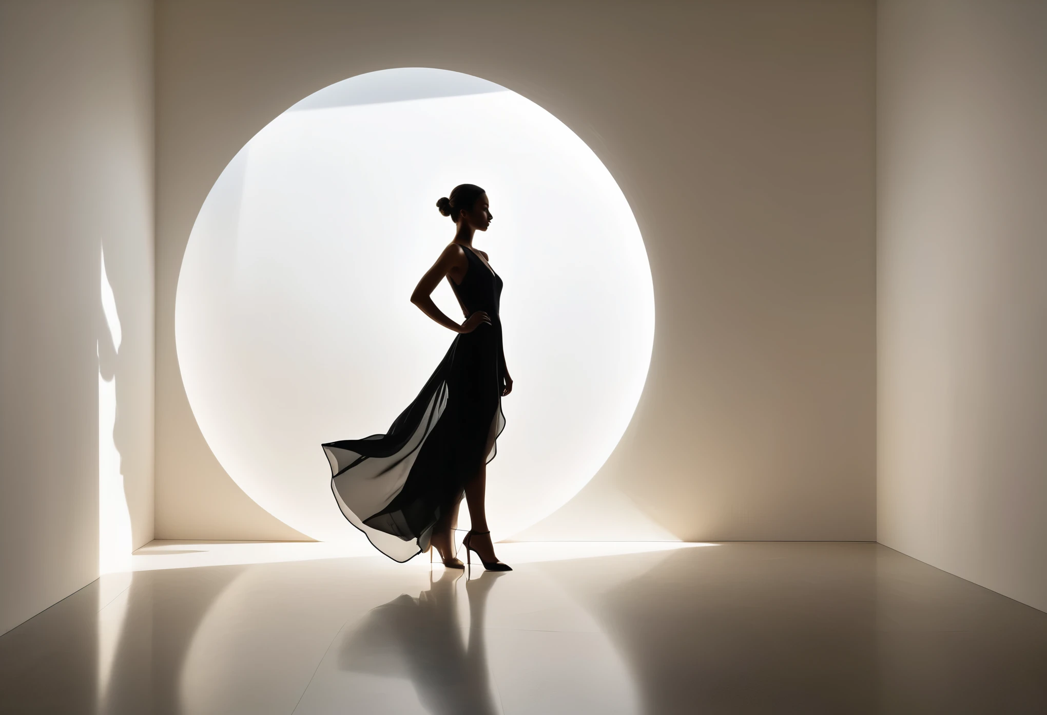 An elegantly contrasting fusion of minimalism and maximalism, this double exposure presents a full body silhouette outline of a stunning woman against a glowing shadow world. The image, likely a photograph, showcases the woman's graceful form against a crisp white background. The juxtaposition of light and dark creates a mesmerizing visual effect, highlighting both the simplicity of the silhouette and the intricate beauty of the shadow world. Every detail is impeccably rendered, elevating the image to a state of artistic excellence