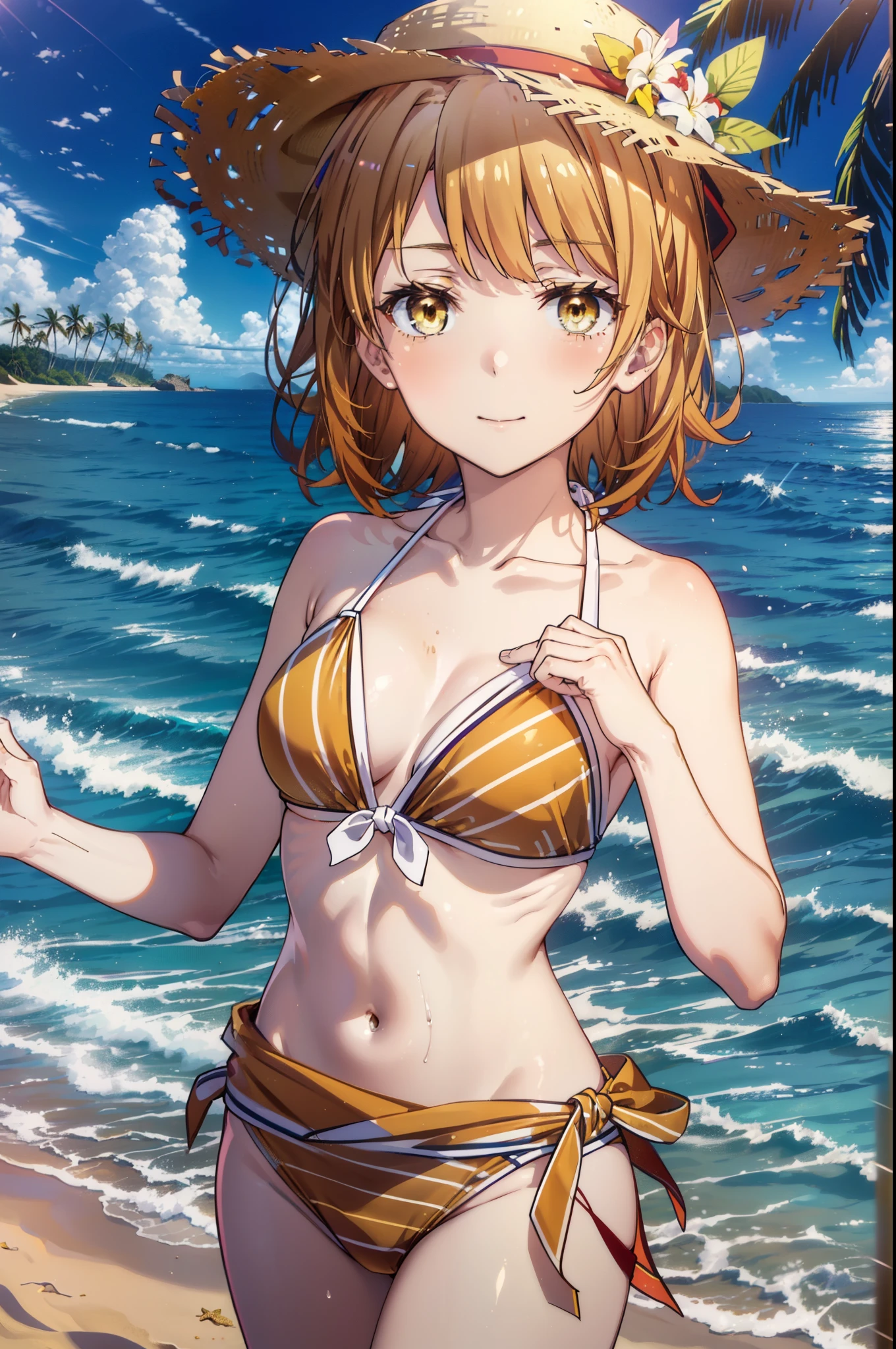 irohaisshiki, iroha isshiki, short hair, brown hair, (brown eyes:1.5), Medium chest,smile,big straw hat,Red Bikini Swimsuit,naked belly,A thin yellow towel is tied around her waist, (beach salon),((salon)), beach outfit,real summer,Palm tree, 砂浜
break outdoors, beach,
break looking at viewer,
break (masterpiece:1.2), highest quality, High resolution, unity 8k wallpaper, (shape:0.8), (fine and beautiful eyes:1.6), highly detailed face, perfect lighting, Very detailed CG, (perfect hands, perfect anatomy),