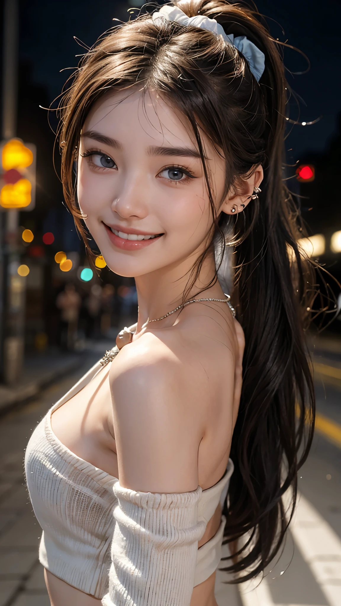 cute 18 year old,1 girl,slim face ,8K,Super realistic image quality,dynamic shadow,sparkling eyes,((Clear black eyes)),((cheerful smile)),((3 ear piercings)),((asian necklace)),clear pale blue eyes,movie theater lighting,((dark back alley)),((City lights)),night,Darkness of the city,suit, ((face close up:1.3)),((A smile showing white teeth)),((Open mouth and smile happily)),((Chestnut ponytail and scrunchie)),close, 8K, Raw photo, highest quality, masterpiece,realistic, photo-realistic,