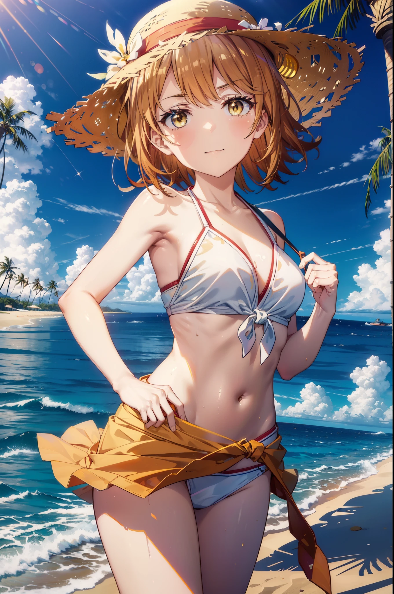 irohaisshiki, iroha isshiki, short hair, brown hair, (brown eyes:1.5), Medium chest,smile,big straw hat,Red Bikini Swimsuit,naked belly,A thin yellow towel is tied around her waist, (beach salon),((salon)), beach outfit,real summer,Palm tree, 砂浜
break outdoors, beach,
break looking at viewer,
break (masterpiece:1.2), highest quality, High resolution, unity 8k wallpaper, (shape:0.8), (fine and beautiful eyes:1.6), highly detailed face, perfect lighting, Very detailed CG, (perfect hands, perfect anatomy),