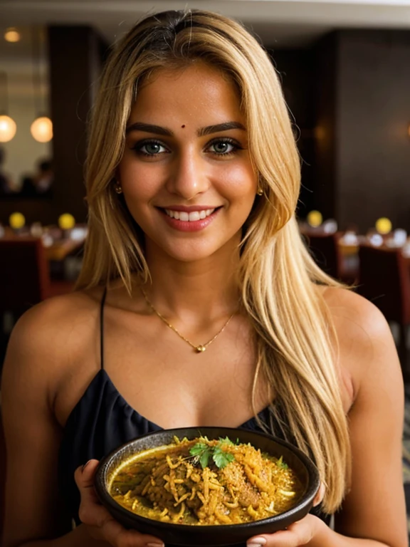 a closeup dark full body shot photo of a blonde with perfect eyes, smile, eating Biriyani in hotel, hotel background,food, juice