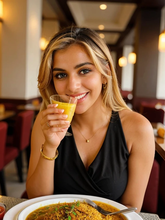 a closeup dark full body shot photo of a blonde with perfect eyes, smile, eating Biriyani in hotel, hotel background,food, juice