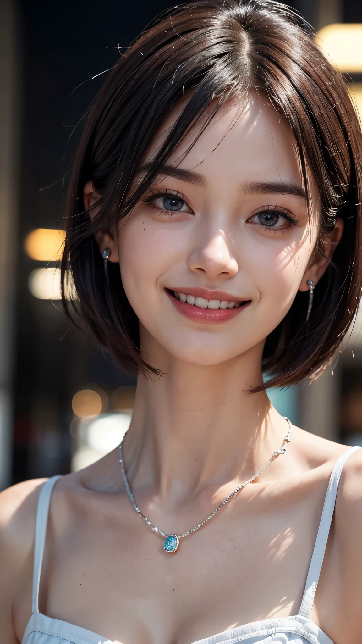 cute 26 year old,1 girl,slim face ,8K,Super realistic image quality,dynamic shadow,sparkling eyes,((Clear black eyes)),((cheerful smile)),((ear piercing)),asian necklace,clear pale blue eyes,movie theater lighting,((dark back alley)),((City lights)),night,Darkness of the city,suit, ((face close up:1.3)),((A smile showing white teeth)),((Open mouth and smile happily)),((maroon short hair)),close, 8K, Raw photo, highest quality, masterpiece,realistic, photo-realistic,