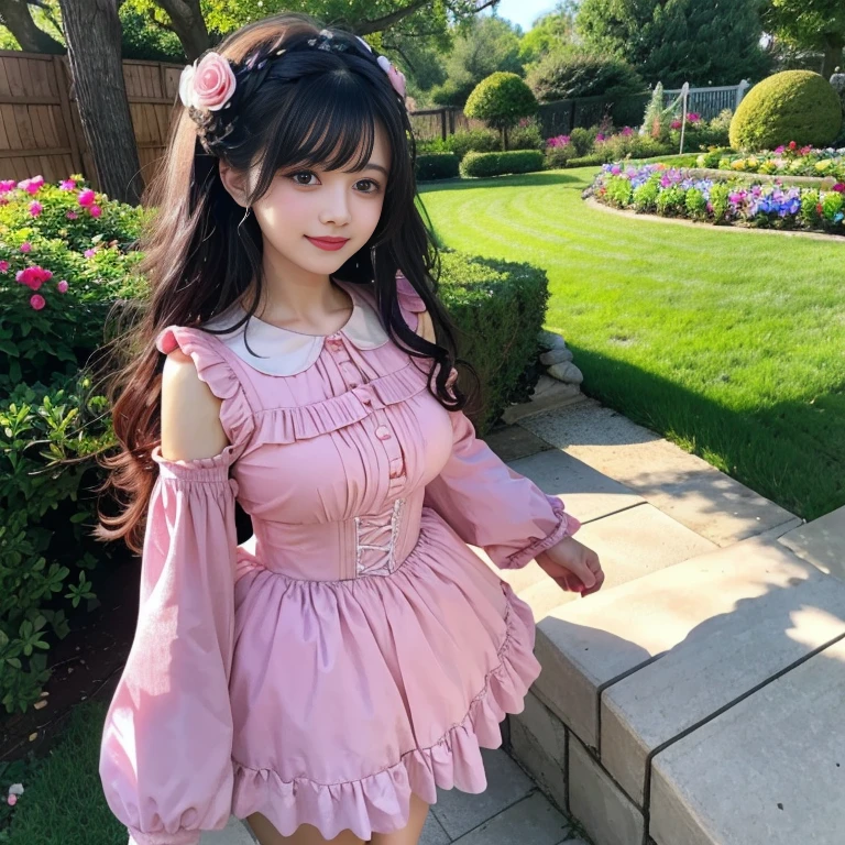 best quality, delicate face，blush， 1 girl, black hair, Long curly hair, blunt bangs, Smile, pink skirt, pink lolita dress, layered skirt, Lolita style long skirt，21 years old female，穿着pink lolita dress(dreamy atmosphere:1.1)、​Masterpiece、born、Scenes resembling fairy tale illustrations、huge breasts，hands on hips，Wide cuffs cover hands，whole body，in the garden，The background is the garden，Detailed background，Garden of dreams，background many flowers