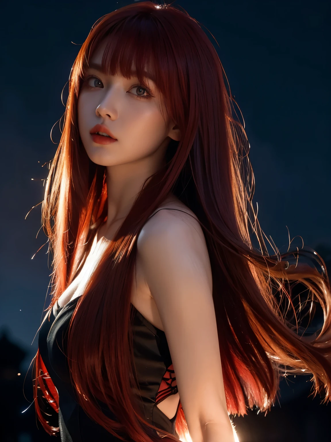 red hair, blunt bangs, bangs, long hair, hair spread out, straight hair, shiny hair, glowing eyes, longeyelashes, amber eyes, makeup, blush, fangs, hood, absurdly long hair, Surrealism, chiaroscuro, cinematic lighting, silhouette, drop shadow, backlighting, UHD, masterpiece, anatomically correct, super detail, highres, best quality