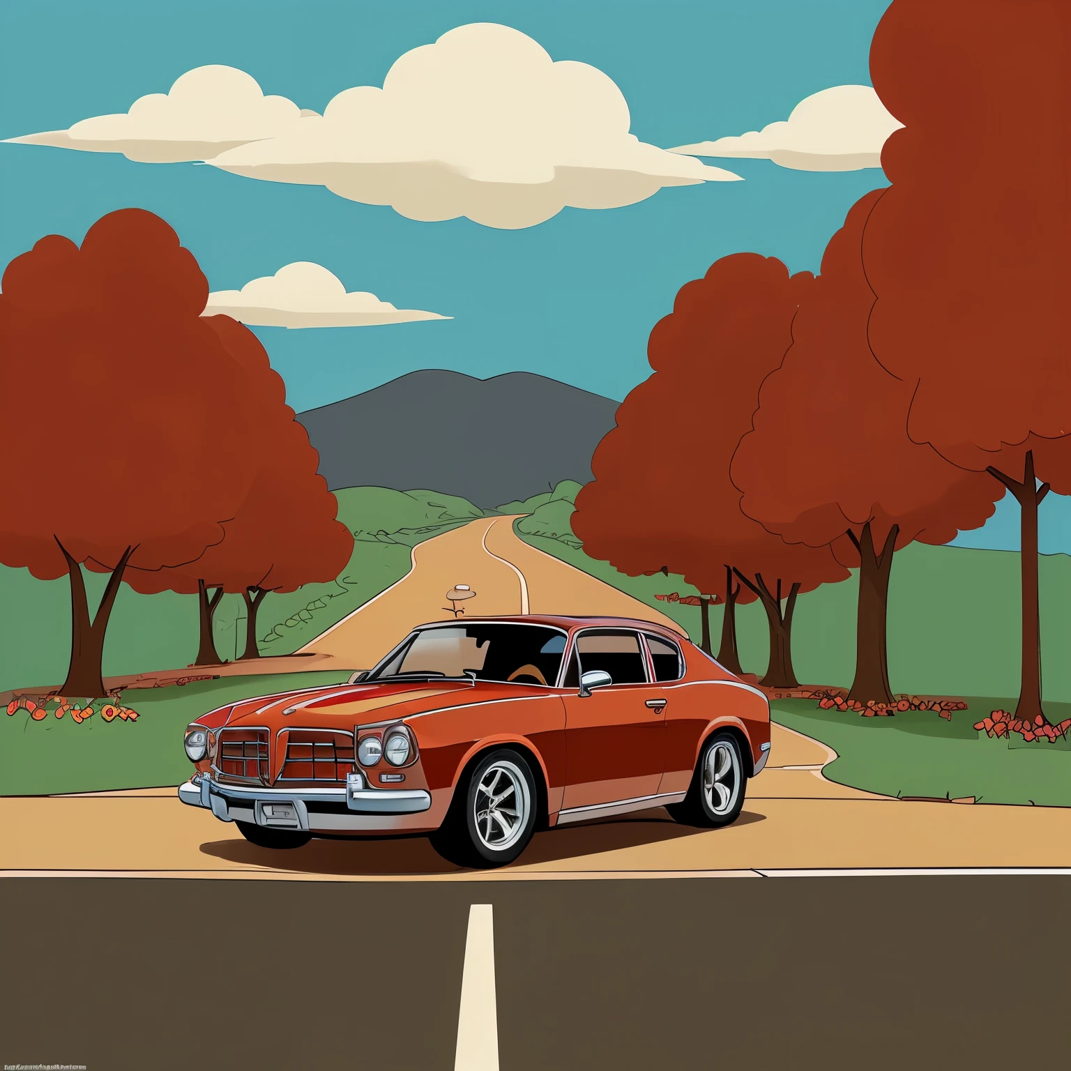 a beautiful background and red car cartoon