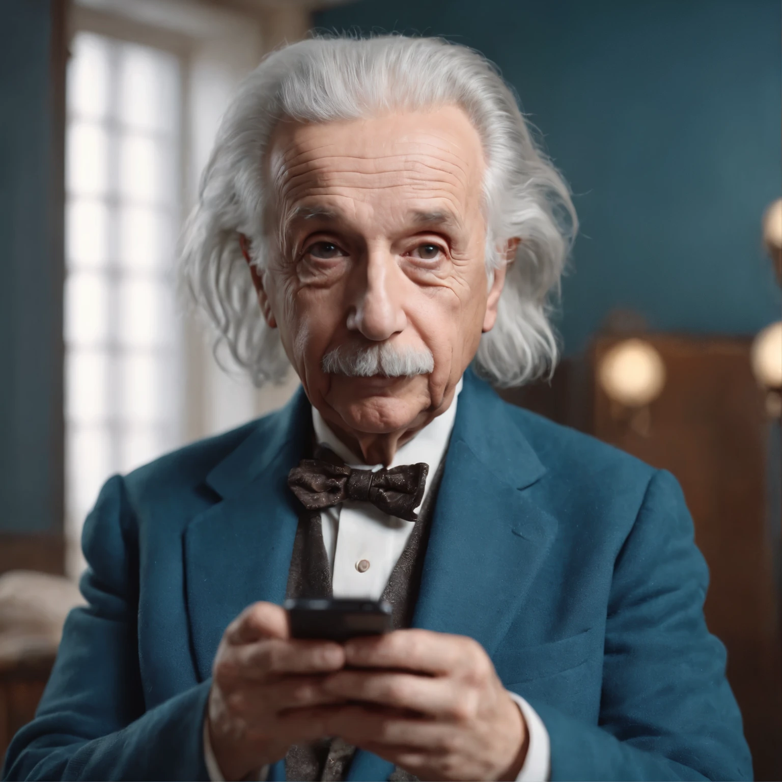 Einstein touching a smartphone 8K HD com Blazer Azure.The background is a Japanese room.