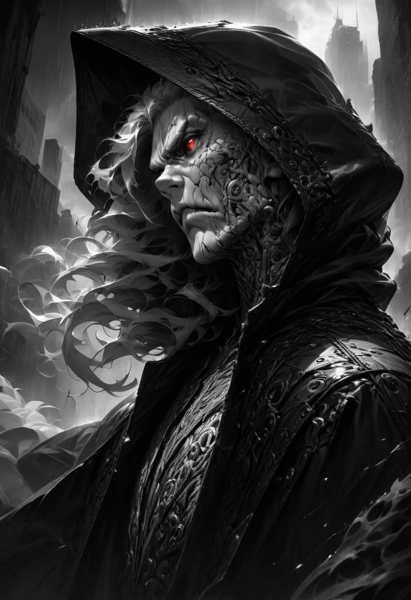 Man with villainous expression, facial expression of malice, homem malvado, Villanious, realista, destruction in the background