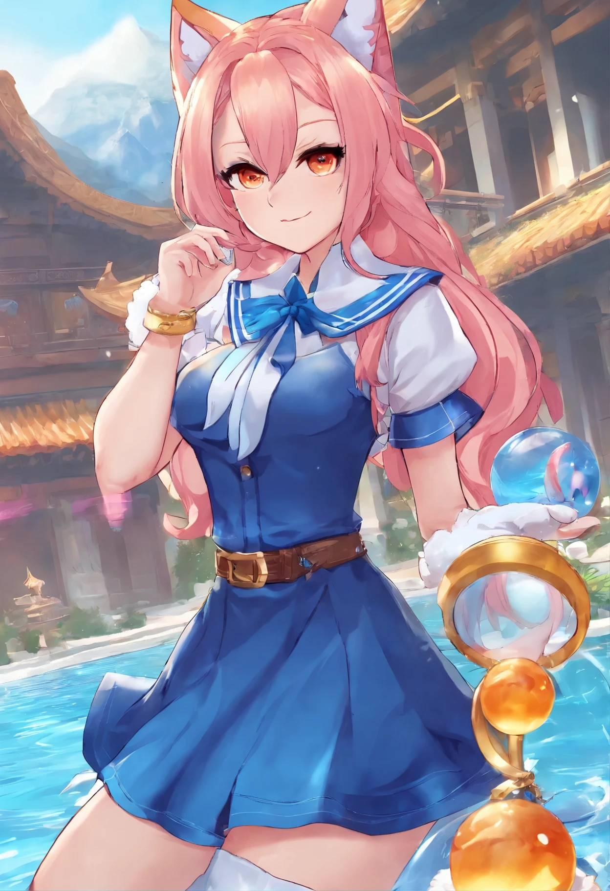 masterpiece, best quality, high resolution, More 1, crown, Sailor Senji, Blue sailor collar, bow, knee high boots, collar, White gloves, blue collar, elbow gloves, jewelry, earrings, blue skirt, Cowboy shooting, sphere, crystal ball, 1girl water yushu water,Ahri, Ahri \(League of Legends\), k/and \(League of Legends\), bloom \(League of Legends\),Animal ears, facial markings, fox ears, fox Tail, orange eyes, multiple Tails, Tail
