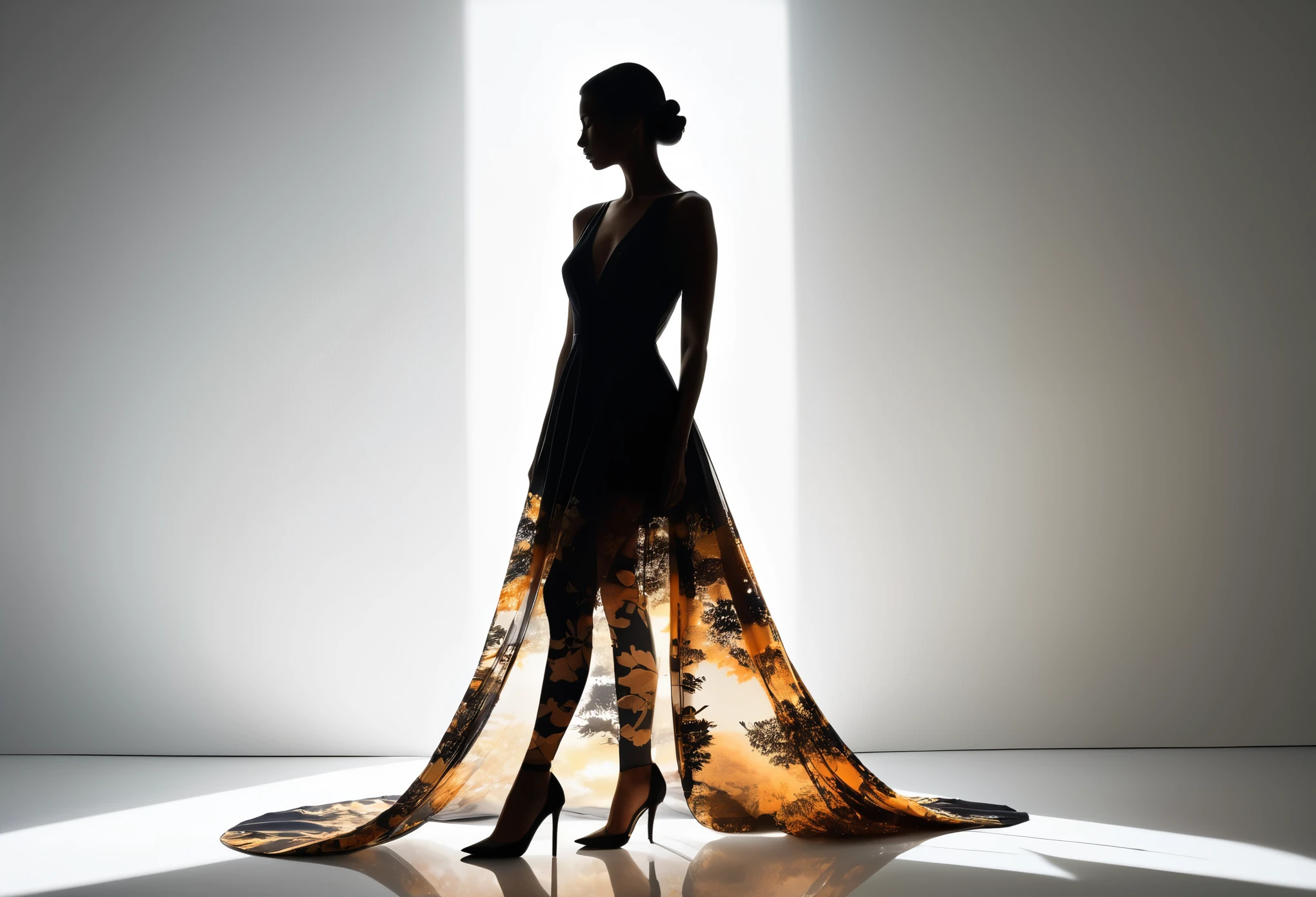 An elegantly contrasting fusion of minimalism and maximalism, this double exposure presents a full body silhouette outline of a stunning woman against a glowing shadow world. The image, likely a photograph, showcases the woman's graceful form against a crisp white background. The juxtaposition of light and dark creates a mesmerizing visual effect, highlighting both the simplicity of the silhouette and the intricate beauty of the shadow world. Every detail is impeccably rendered, elevating the image to a state of artistic excellence