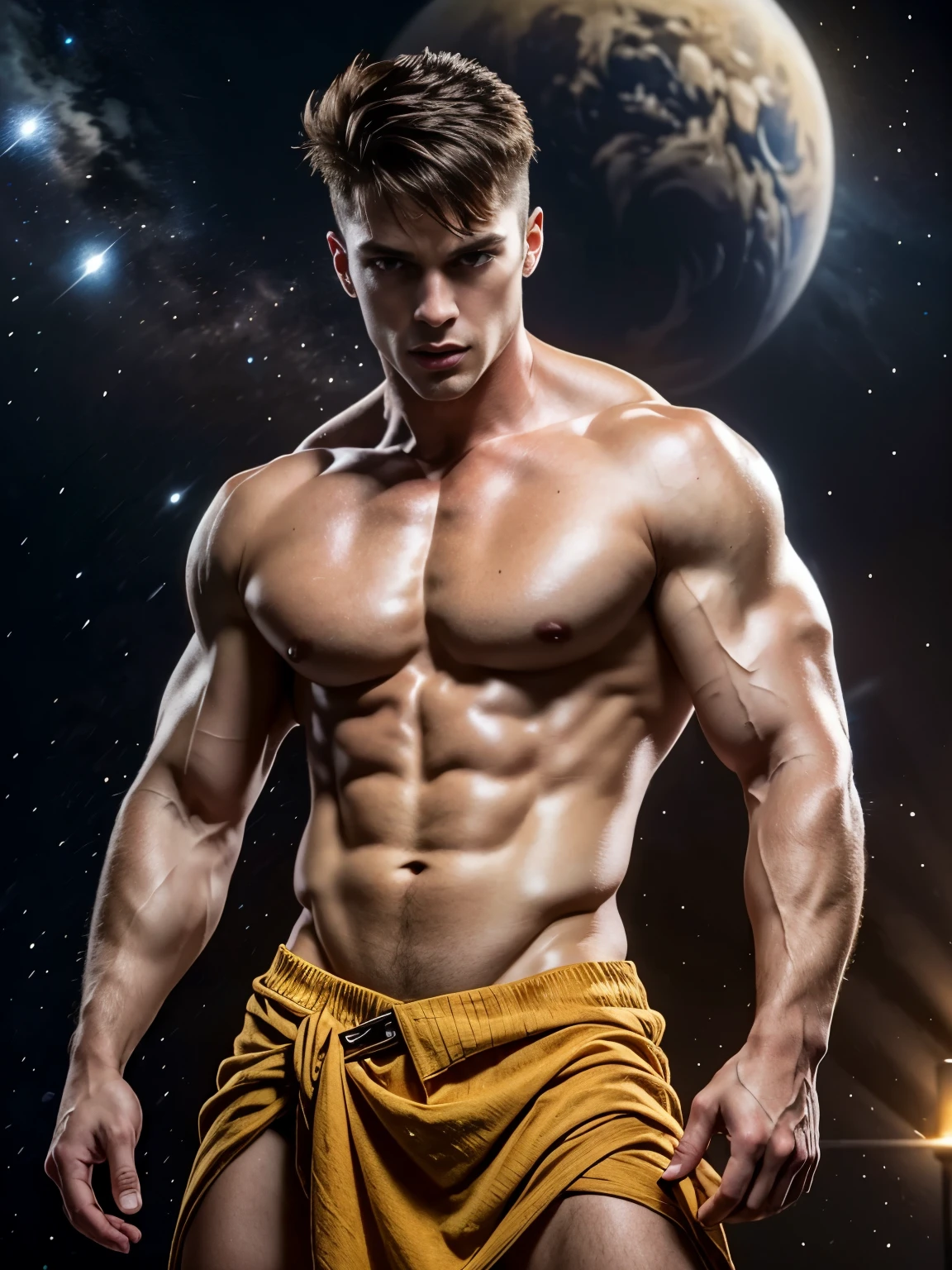 Photorealistic, ((best quality)), ((masterpiece)), (detailed),masculine portrait of Atlas, Atlas, carrying the planet Earth, fully naked, nude, side view, holding the planet Earth on his back, muscule, ripped, strong body, fit body, 1boy, outer space background, constellations, stars, galaxies, 8k, high detailed, ultra-detailed, Stylish Pose, real skin texture, dark cinematic lighting, 18-year-old male model, handsome, tall, cute looking, evil look, dark look, powerful, a young male handsome model, super strong, muscular, fit, massive muscles, six pack, clean shave, blue eyes. short messy brown hair, messy hair, ancient linen Greek small skirt, linen antique draped cloth skirt, ancient outerspace, constellation, galaxies, stars in the background
