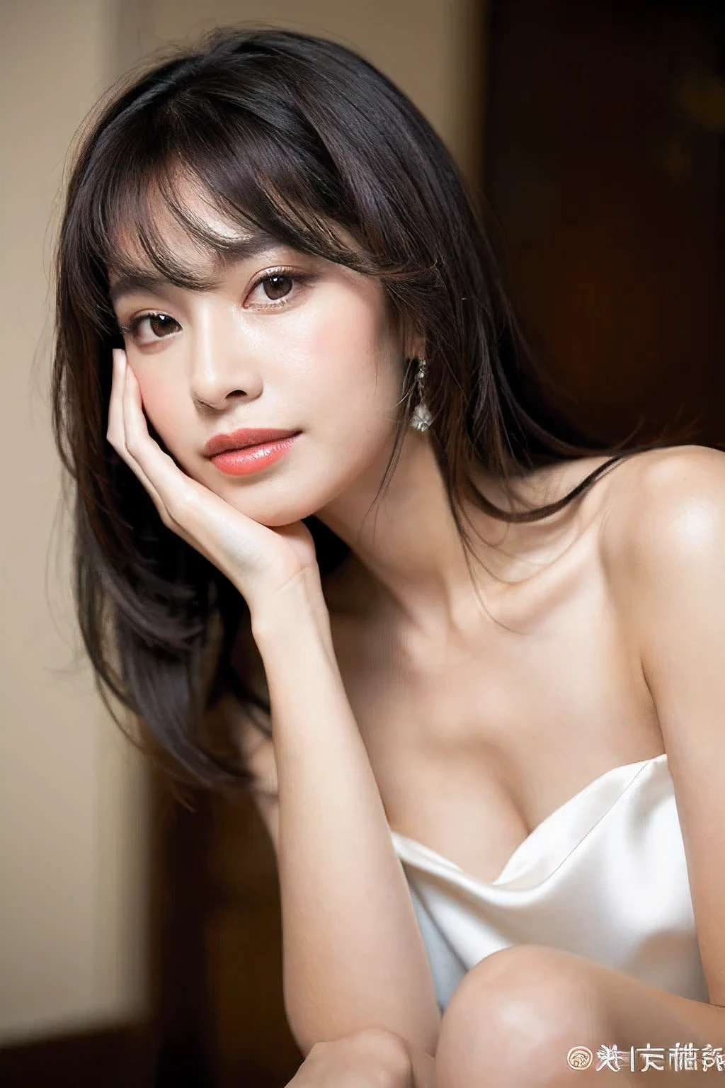 ((highest quality)), ((masterpiece)), (be familiar with), perfect face unparalleled beauty, Shiny firmness and glowing skin, bangs between eyes, Beautiful, straight, knee-length black hair, super long straight silky hair, eyeliner, Sexy, beautiful and bewitching 40 years old, High resolution big big beautiful bright maroon eyes, beautiful and nice girl, sexy face, Wedding dress　detailed hair texture　detailed skin