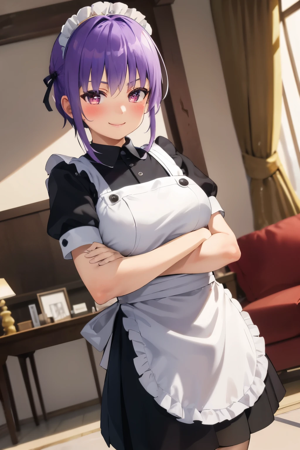 Ayane, 1 girl, smile, blush cheeks, living room,  10 years old, primary school student, , , Maid clothes,  cross your arms behind your back,