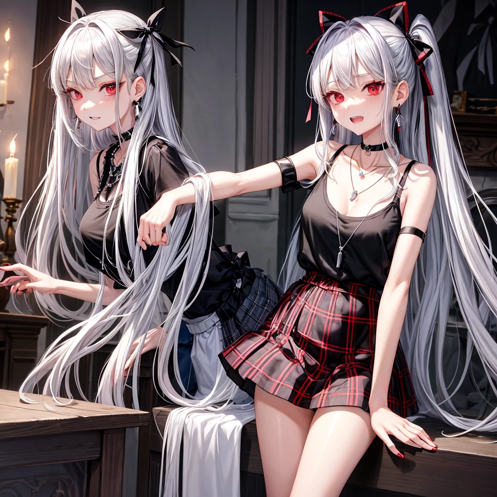 silver hair、red eyes、one good looking girl、solo、anime、plaid mini skirt、black camisole、black t-shirt、dress、wearing a ribbon、ribbon at waist、crystal earrings、jewelry necklace、Light and shadow、tilting one's face、teeth are visible、pillar、skylight、fireplace、evil looking face