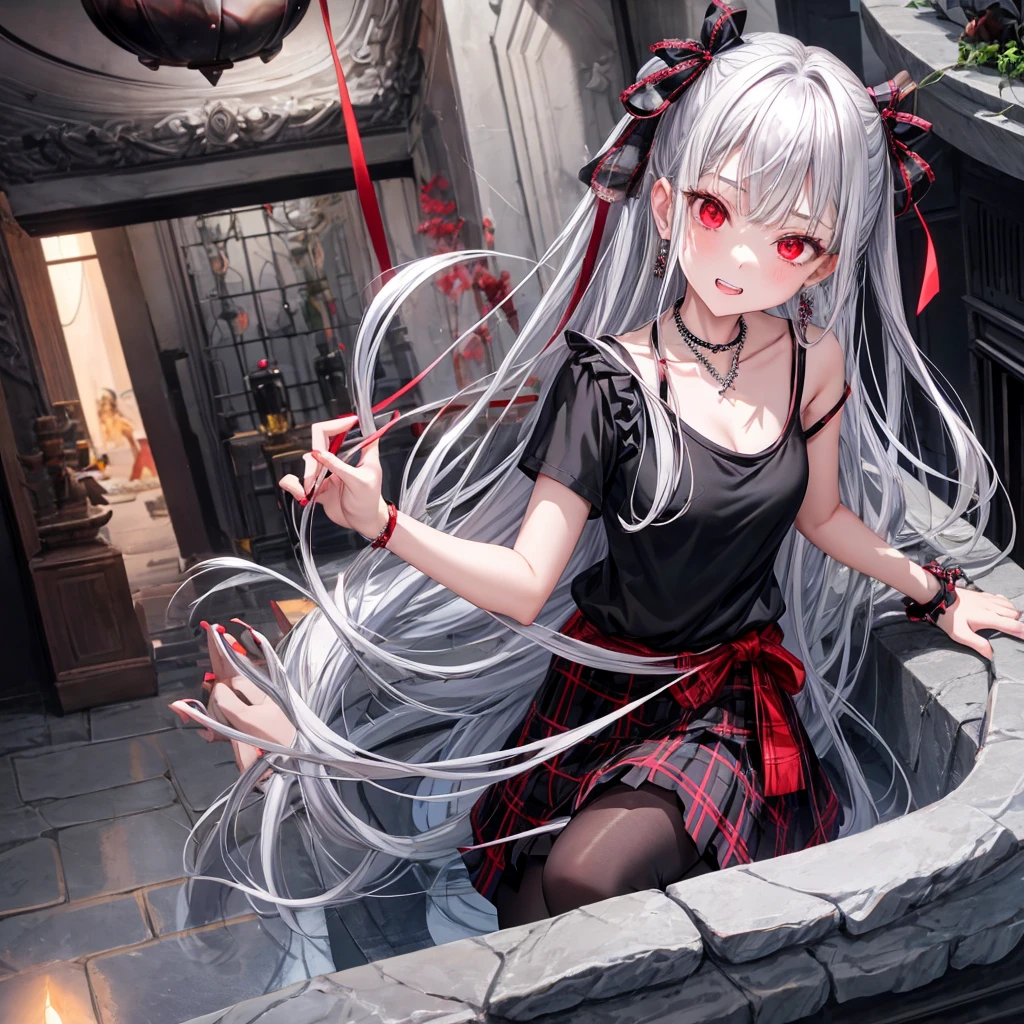 silver hair、red eyes、one good looking girl、solo、anime、plaid mini skirt、black camisole、black t-shirt、dress、wearing a ribbon、ribbon at waist、crystal earrings、jewelry necklace、Light and shadow、tilting one's face、teeth are visible、pillar、skylight、fireplace、evil looking face