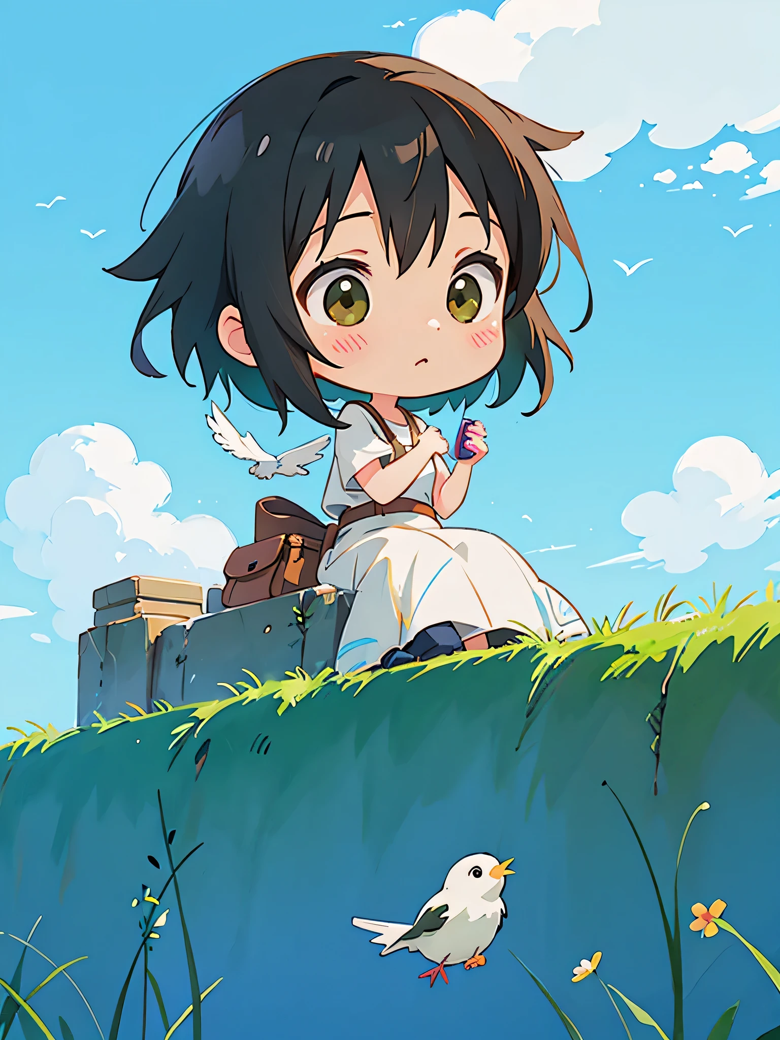 Makoto Shinkai style, Kawaii Design, most beautiful girl ever、Chibi, birdie、High walls