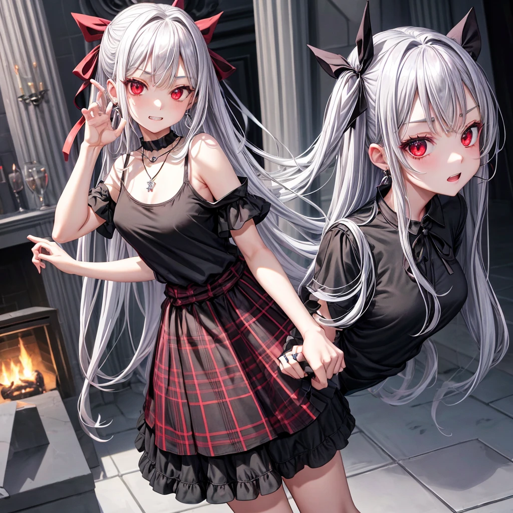 silver hair、red eyes、one good looking girl、solo、anime、plaid mini skirt、black camisole、black t-shirt、dress、wearing a ribbon、ribbon at waist、crystal earrings、jewelry necklace、Light and shadow、tilting one's face、teeth are visible、pillar、skylight、fireplace、evil looking face