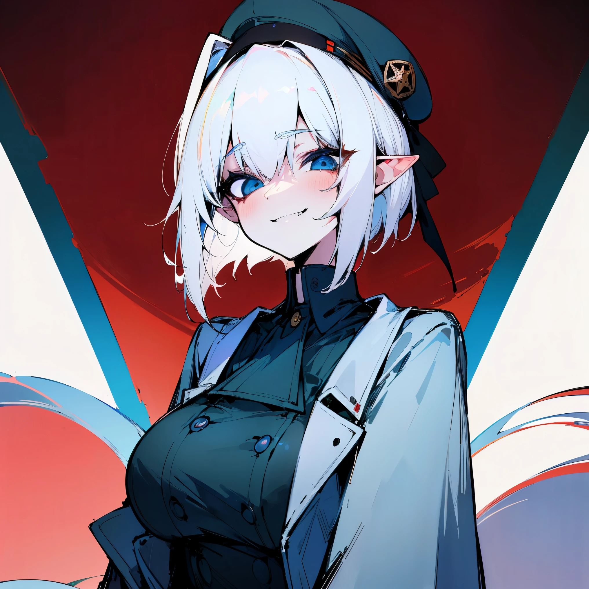 (Masterpiece, Top Quality, Best Quality, Official Art, Beauty and Aesthetics: 1.2), (Flat Color: 1.3), Very Detailed, Detailed Face and Eyes, Cinematic Light, SFW, Anime, Depth of Field, 1 Girl, Solo, Official, White Hair, Elf Ears, Short Hair, Blue Eyes, Black Eye Shadow, Medium Tits, White Beret, White Trenchcoat, Military, SS Officer, Buttoned Up,Bratty, Sadistic Smile