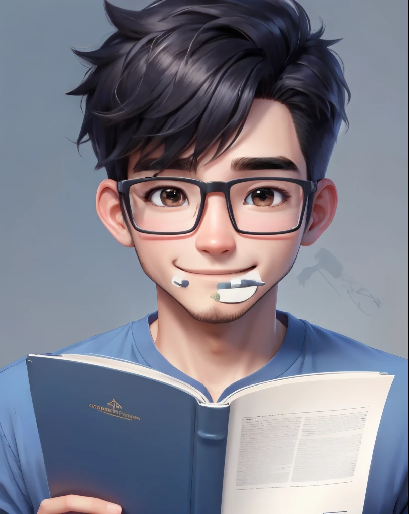 bestquality, 1 person read the book, bara, Cartoon Image , simple background,  I'm second to blog.., Wear glasses,Smiling joyfully