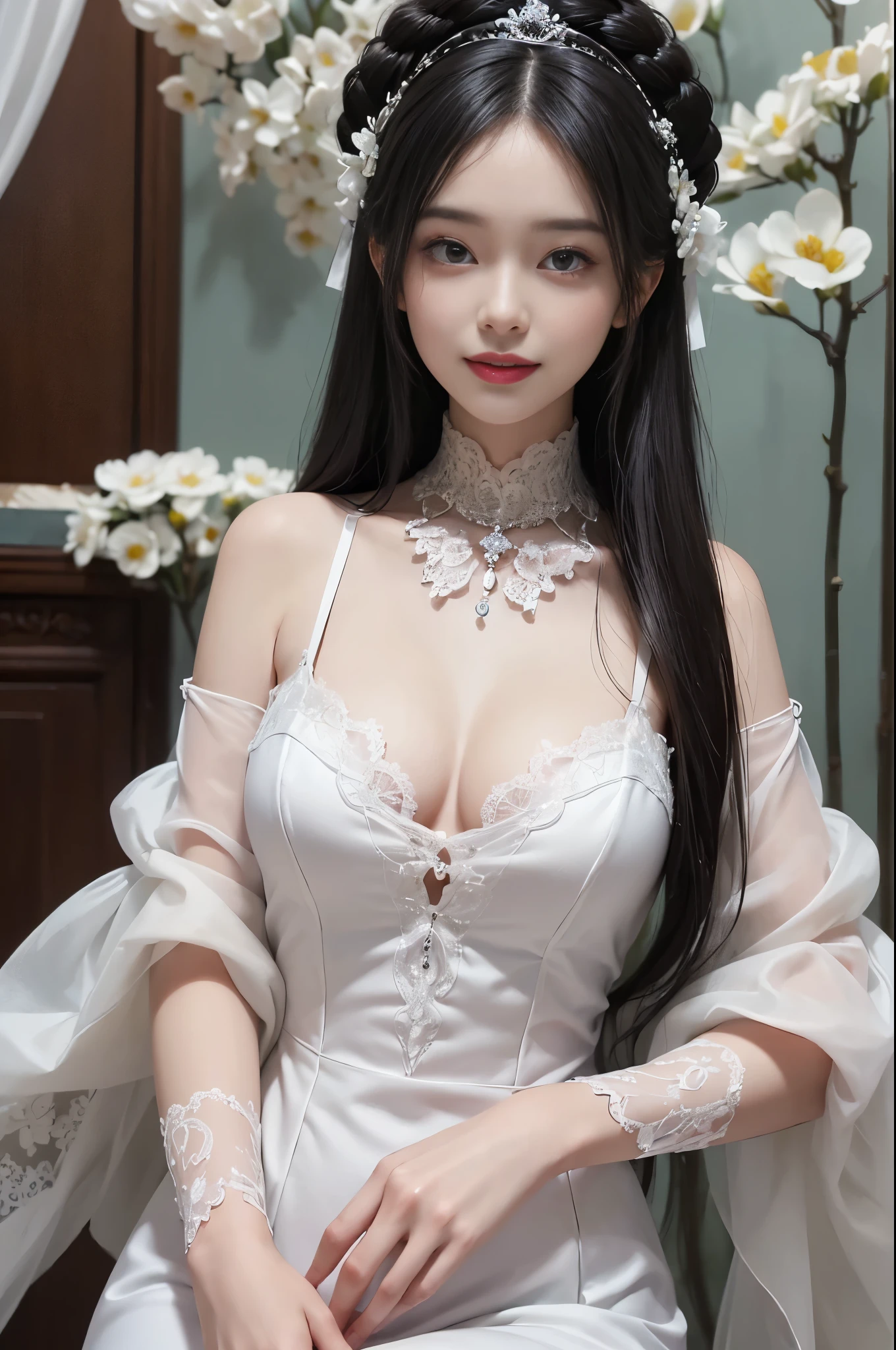 best quality、tmasterpiece、ultra high resolution、actual、1 girl、Glossy skin、((Surreal detailed))、Global photo、8K、Highly complex details、shinning eyes、Black straight hair、highkey、pureerosfaceace_v1、A smile、Elegant pose、plump breasts、White ultra-thin transparent lace、Lots of flowers in the background