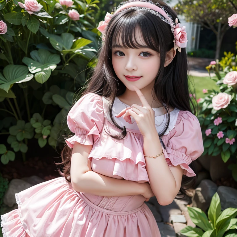 best quality, delicate face，blush， 1 girl, black hair, Long curly hair, blunt bangs, Smile, pink skirt, pink lolita dress, layered skirt, Lolita style long skirt，21 years old female，穿着pink lolita dress(dreamy atmosphere:1.1)、​Masterpiece、born、Scenes resembling fairy tale illustrations、huge breasts，hands on hips，Wide cuffs cover hands，whole body，in the garden，The background is the garden，Detailed background，Garden of dreams，background many flowers