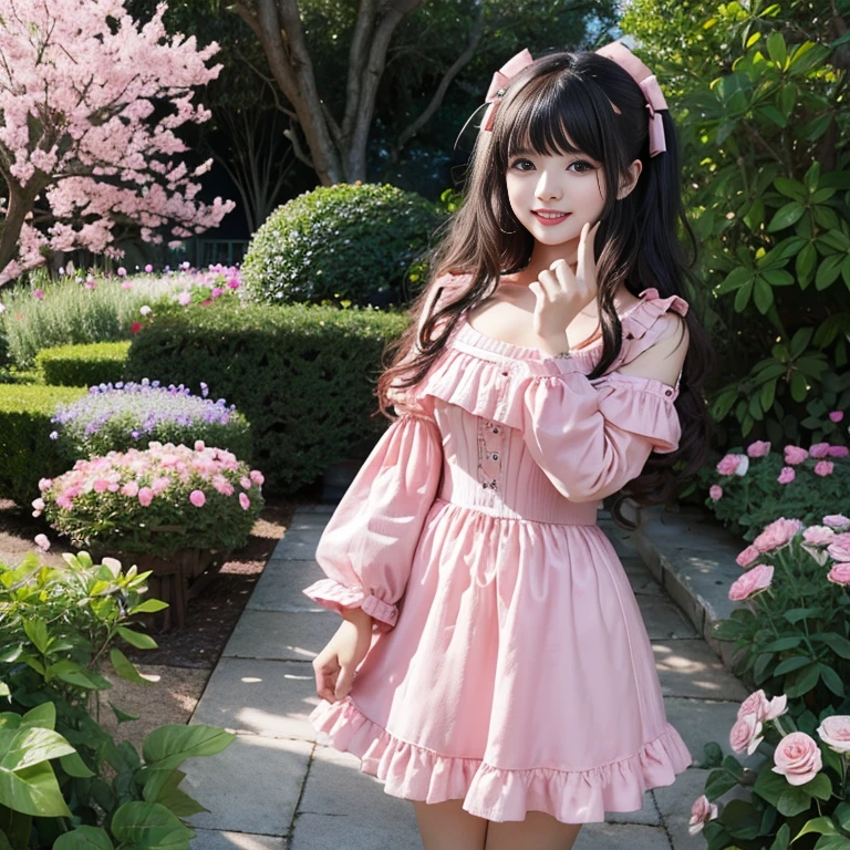 best quality, delicate face，blush， 1 girl, black hair, Long curly hair, blunt bangs, Smile, pink skirt, pink lolita dress, layered skirt, Lolita style long skirt，21 years old female，穿着pink lolita dress(dreamy atmosphere:1.1)、​Masterpiece、born、Scenes resembling fairy tale illustrations、huge breasts，hands on hips，Wide cuffs cover hands，whole body，in the garden，The background is the garden，Detailed background，Garden of dreams，background many flowers