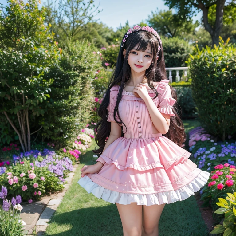 best quality, delicate face，blush， 1 girl, black hair, Long curly hair, blunt bangs, Smile, pink skirt, pink lolita dress, layered skirt, Lolita style long skirt，21 years old female，穿着pink lolita dress(dreamy atmosphere:1.1)、​Masterpiece、born、Scenes resembling fairy tale illustrations、huge breasts，hands on hips，Wide cuffs cover hands，whole body，in the garden，The background is the garden，Detailed background，Garden of dreams，background many flowers