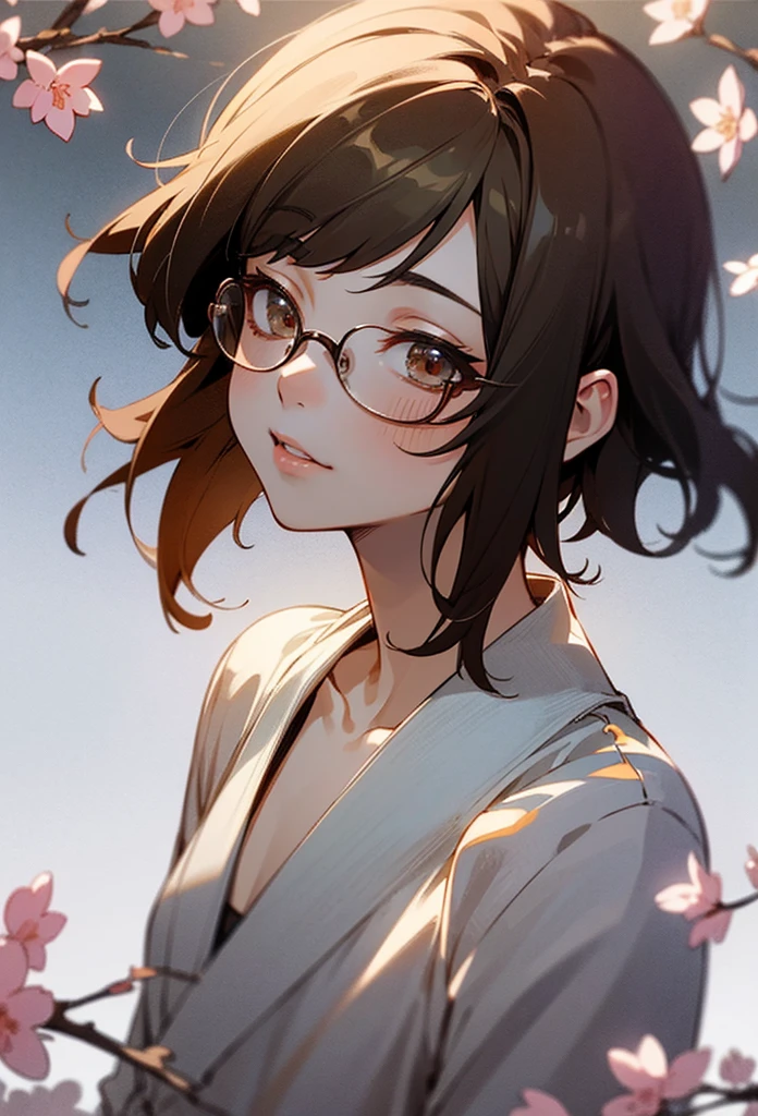 (masterpiece, best quality), 1boy, otoko no ko,flat chest,cherry blossoms, he has an erection, brunette hair,wavy short hair,round glasses ,5finger,intricate details, depth of field,beautiful lighting, volumetric lighting, dynamic angle, (photographic portrait), sharp,