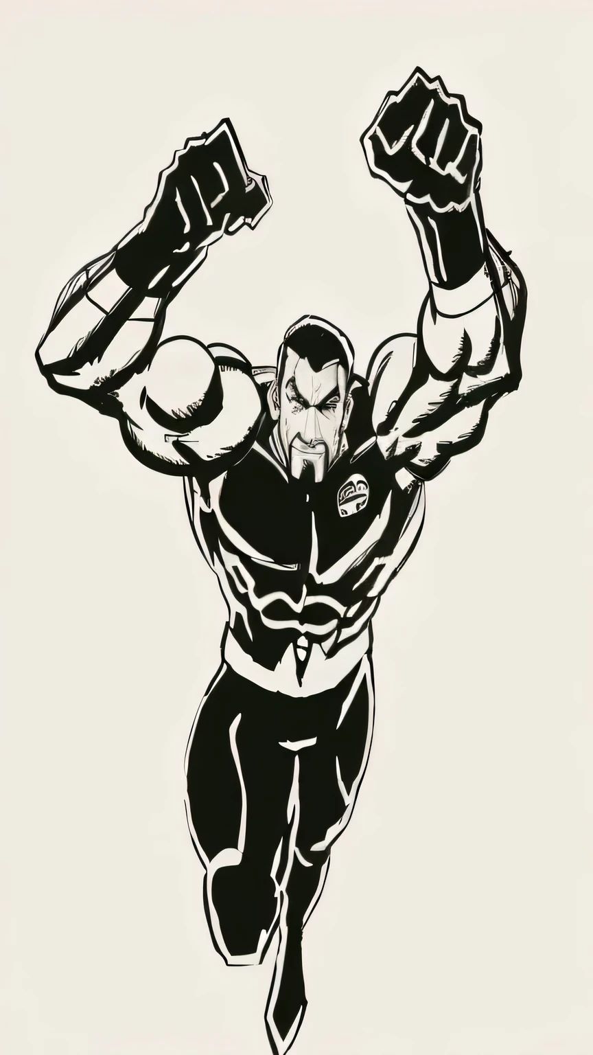 um desenho em preto e branco de um homem com os punhos levantados, muscular!!, estilo de tinta sf5, estilo de tinta sf 5, the strongest superhero, Design de personagens de quadrinhos dos anos 90, viril, monstro, tough guy, muscular character, silhueta forte, muscular!, inspirado em Milton Caniff, delineado!!!, heroic male pose, threatening pose