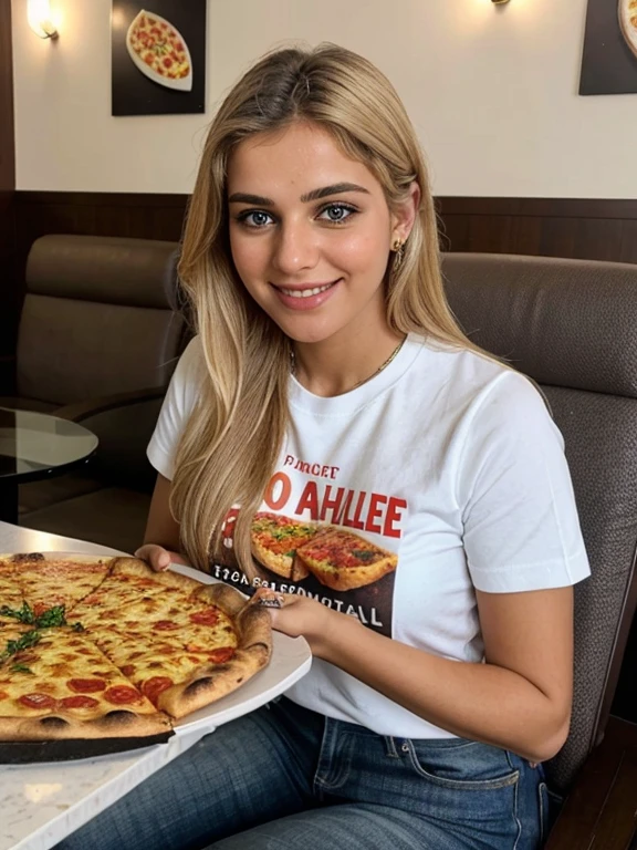 a closeup dark full body shot photo of a blonde with perfect eyes, smile, full photo visible, eating food, pizza, biriyani, glass of wine, sitting in chair, Full hotel background, wearing tshirt