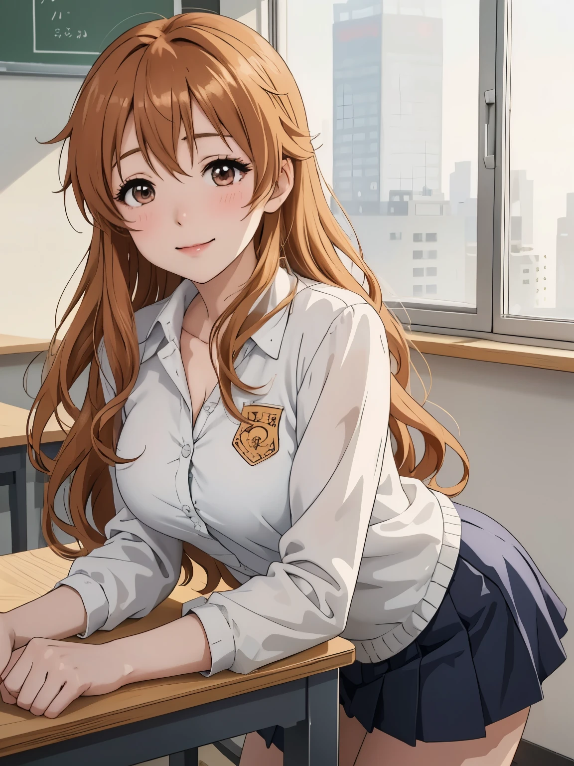 anime illustration style、closed mouth、kanata_konoe、 smile、A cute girl no matter who you look at、1 girl, alone, long hair,white shirt, pleated skirt, Natural light, soft lighting,, volume lighting, indoors, classroom, highly detailed background,cowboy shot、Overall view