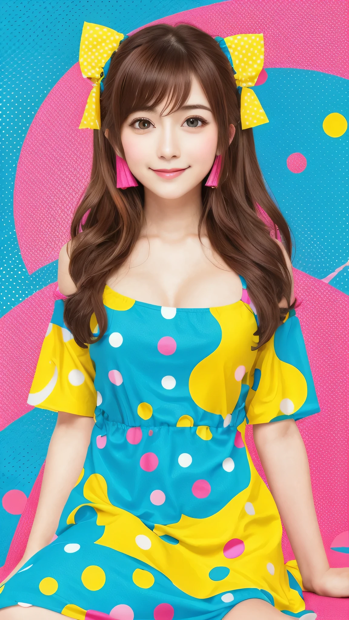 masterpiece, highest quality, software, colorful, 1 girl, alone, hakurei reimu, brown hair, brown eyes, long hair, hair tube, small breasts, abstract background, blue background, pink background, yellow background, Polka dot background, (halftone)