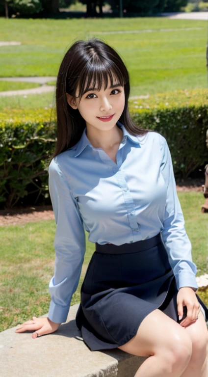 ((highest quality,8K,masterpiece:1.3)),woman posing for a photo,  Japanese, 24 year old female model, small breasts、bangs、black haired、middle hair、straight hair、(blue shirt,flare skirt:1.2),slim and beautiful body、small breasts、laughter、The background is an empty park、beautiful feet、black high heels