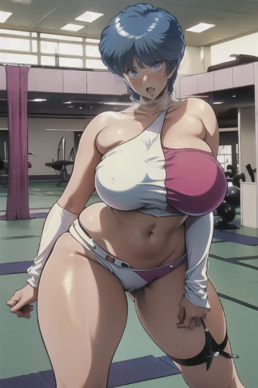 ((master piece, top-quality, ​masterpiece, The ultra -The high-definition, Top resolution, Insanely Detailed:1.5)), ((Woman with beautiful anime face:1.3, very detailed face and eyes:1.1)), ((((1Lady in)))), ((((Solo Lady)))), (White and pink bikini, See-through boots, Aoi), ((Caucasian mature female swim-wear model)), semi-nude, SFW, Adultery, Sexual temptation, Sexual innuendo, arms behind your back:1.7, Spread your legs:1.5, looking down:1.7, (bulge in the crotch area:1.3), Curvaceous wide hips:1.6, Symmetry breasts, [gigantic sagging breasts], Super Strong Super Huge gigantic sagging breasts:1.7, (bbw:1.3), Curvaceous physique, (short body:1.3), (White and pink bikini, See-through boots, Aoi), Slim white waist belt, short-cut, Light-blue-hair, tanned brown skin:1.7, Anime art style of the 1990s, flat lighting:1.5, (in the changing room of the private gym:1.5), From below:1.5, High Cut Panties Without rifts, ((Anxious look:1.5, blush, open mouth))
