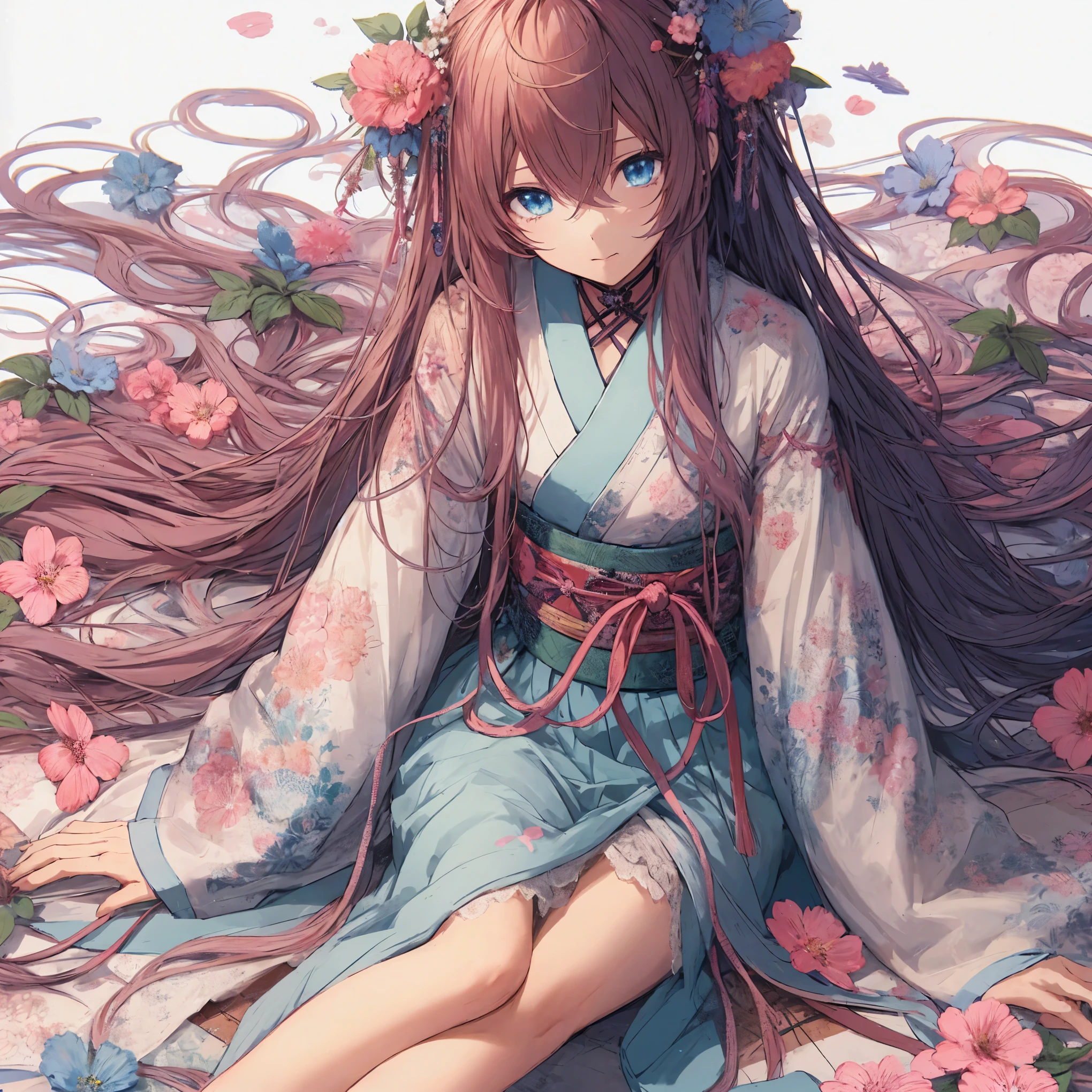 anime girl with long hair sitting on the ground with flowers, anime girl with long hair, cute anime waifu in a nice dress, beautiful anime girl, (anime girl), flowing hair and long robes, beautiful anime artwork, beautiful anime art, cute anime girl, young anime girl, pretty anime girl, anime art wallpaper 8 k, anime style 4 k