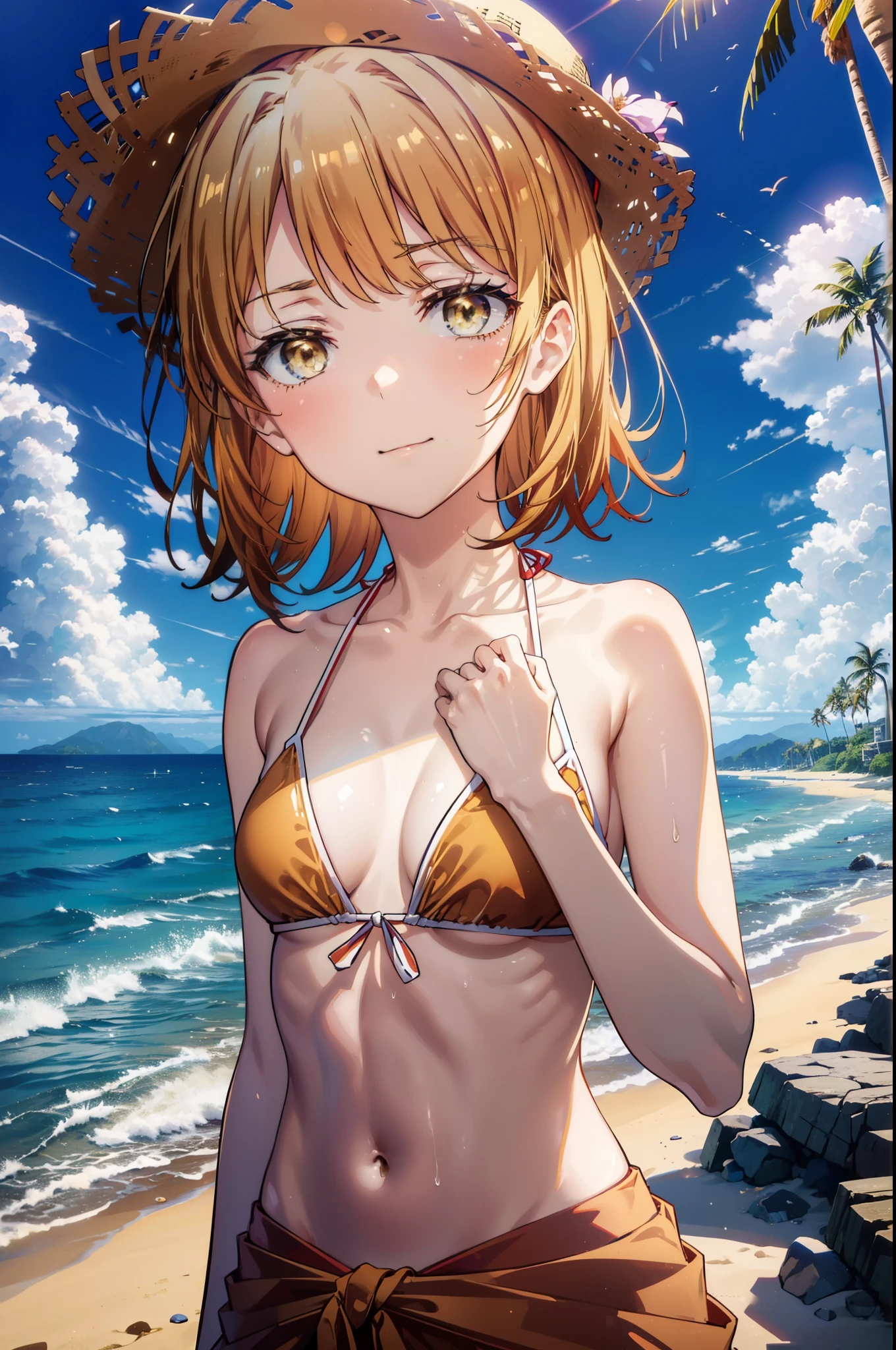 irohaisshiki, iroha isshiki, short hair, brown hair, (brown eyes:1.5), Medium chest,smile,big straw hat,Red Bikini Swimsuit,naked belly,A long, pale yellow towel is tied around her waist., (beach salon),((salon)), beach outfit,real summer,Palm tree, 砂浜
break outdoors, beach,
break looking at viewer,Upper body, (cowboy shot:1. 5)
break (masterpiece:1.2), highest quality, High resolution, unity 8k wallpaper, (shape:0.8), (fine and beautiful eyes:1.6), highly detailed face, perfect lighting, Very detailed CG, (perfect hands, perfect anatomy),