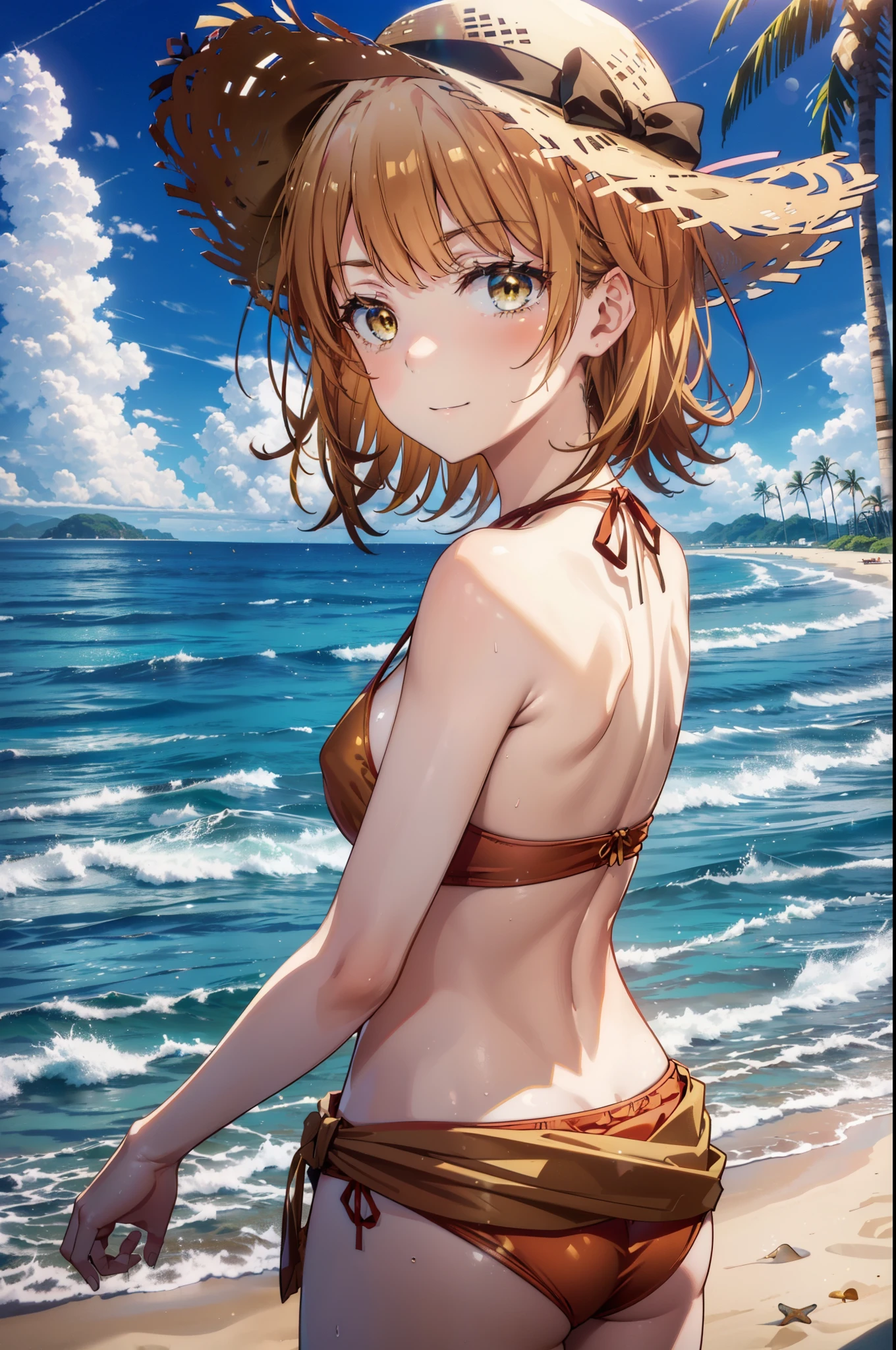 irohaisshiki, iroha isshiki, short hair, brown hair, (brown eyes:1.5), Medium chest,smile,big straw hat,Red Bikini Swimsuit,naked belly,A long, pale yellow towel is tied around her waist., (beach salon),((salon)), beach outfit,real summer,Palm tree, 砂浜
break outdoors, beach,
break looking at viewer,Upper body, (cowboy shot:1. 5)
break (masterpiece:1.2), highest quality, High resolution, unity 8k wallpaper, (shape:0.8), (fine and beautiful eyes:1.6), highly detailed face, perfect lighting, Very detailed CG, (perfect hands, perfect anatomy),