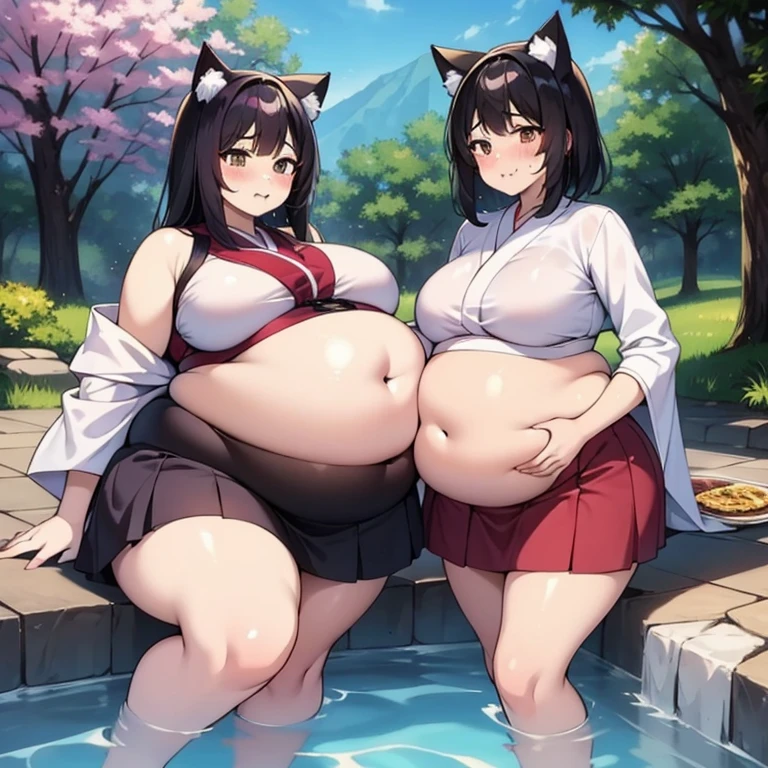(masterpiece、best quality、super quality、perfect anatomy、detailed、intricate details、Impeccable attention to detail、Superb execution、Beautiful 、upscale、Perfect workmanship、expressive art:1.3),(fat、chubby、Plum:3.45), 2 girls, black hair color hair, long white hair, through bangs, wide waist, wide body,Cat ear,huge belly,The abdomen is divided into two layers,The belt tightens the belly,sitting in water,The belt tightens the belly,Hip-hugging skirt:3),Tight fabric on chest,chubby,heavy belly,hot spring,Two fat cat women huddled together face to face,sitting in water,Skirt rip,hot spring,eating,hot spring,Tight fabric on chest,kimono,The skirt is tight on the lower abdomen,hot springkimono,kimono,Anime cat girl huge intestines eat a lot of food and intestines on the table - car,swollen stomach